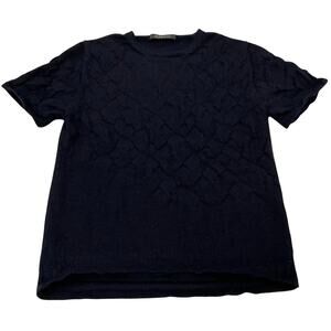 ALPACA 111 Sz L Short Sleeve Navy Textured Diagonal Pattern 100% Baby Alpaca